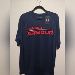 Under Armour Men's Dark Blue Tee with Red Logo